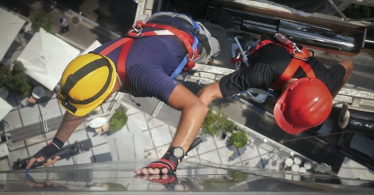 top view of window washes wearing safety equipment